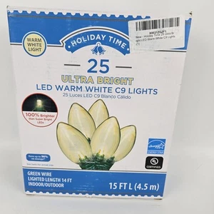 Holiday Time 25 Warm Ultra Bright White LED C9 Christmas Party Light Green Wire - Picture 1 of 3