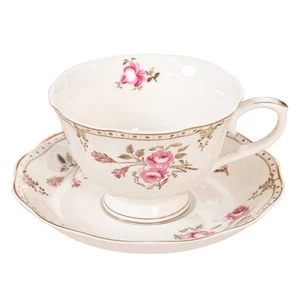 7.4oz Floral Porcelain Tea Cup and Saucer Set, Light Pink Coffee Cup with Gol... - Picture 1 of 4