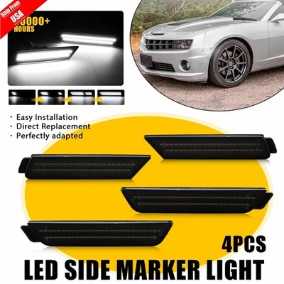 4x White Dynamic LED Side Marker Signal Lights Smoke Lens For Chevy Camaro 10-15 - Image 1 of 4