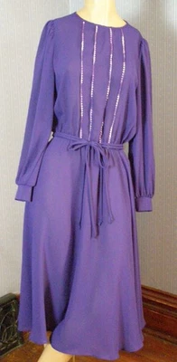 Vintage 70's dark purple semi-sheer dress EMBRODERED BODICE M L LESLIE FAY middi - Image 1 of 4