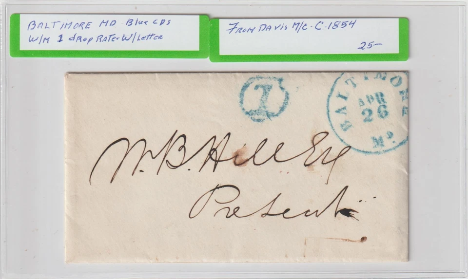 Baltimore MD blue cds 1 drop rate w/ letter 1854 (J197) - Image 1 of 1