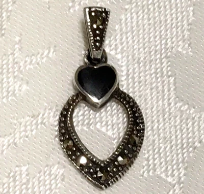 Vintage Sterling Silver Heart Pendant 925 Marcasite Stones Signed CW Heart - Image 1 of 4