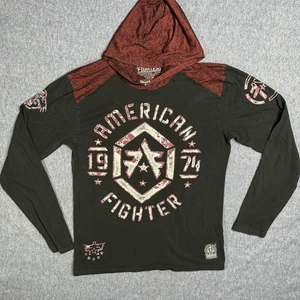 American Fighter Hooded Red Black Graphic Print Long Sleeve Tshirt Mens Large - Picture 1 of 8