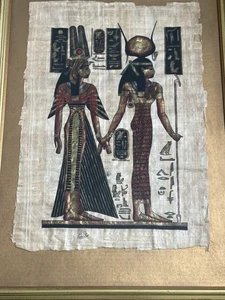 Ägyptisches Papyrus Gemälde von Nefertari und Isis ins Jenseits signiert - Bild 1 von 12