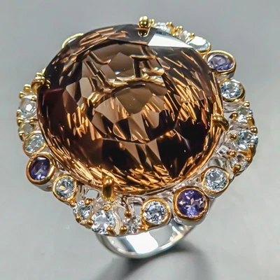 Anillo de cuarzo ahumado natural 50 quilates joyería artística plata de ley 925 talla 8/R444706 Foto 1 de 4