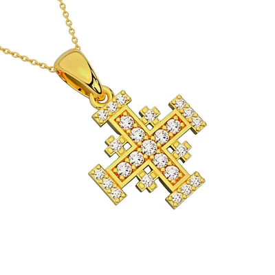 Jerusalem Cross Pendant 25 Natural Diamond Solid 14K Gold Jewelry - Image 1 of 4