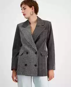 Avec Les Filles Mixed-Print Double Breasted Wool Blend Blazer Women's L Espresso - Picture 1 of 20