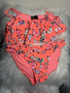HM 2-piece swimsuit used size 10-12 Girl color Pink with colorful butterflies - Picture 1 of 13