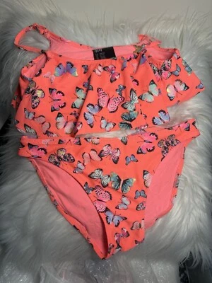 HM 2 изделия купальник б/у размер 10-12 девочка цвет розовый с цветными бабочками - Изображение 1 из 4