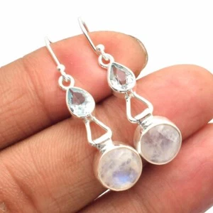 Pendientes de plata esterlina 925 con topacio azul piedra lunar arco iris joyería 1,48" SE-5350 - Imagen 1 de 1
