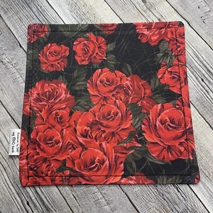 EDC HANK W/MICROFIBER BACK 8” - RED ROSES ON BLACK HANDKERCHIEF - Picture 1 of 2