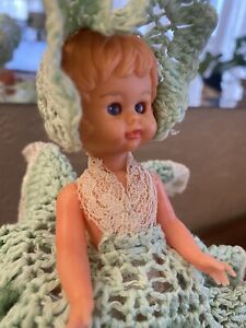 Vtg 6" Doll Sleeping Eyes Italy Made By Galba Stork Mark Crocheted Dress Bonnet