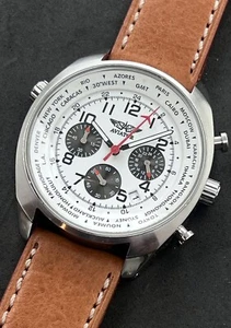 AVIATOR World Time Chronograph Date Mens 44mm Quartz Watch Steel White Tan Strap - Picture 1 of 13