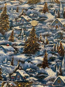 BLUE WINTER SCENE with CHRISTMAS TREES GLITTER COTTON FABRIC; BTY; NEW - Picture 1 of 1