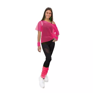 Netzshirt + Stulpen Set Neon Pink für Damen 80er Jahre 80s Motto Party Fasching - Bild 1 von 1