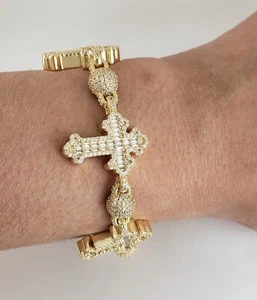 Bracciale uomo placcato oro 14 kt zirconi croce sfera 8" - Foto 1 di 3