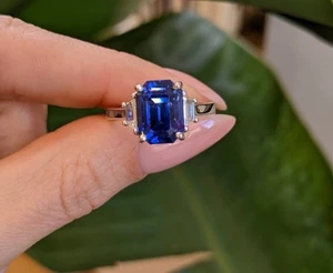 1.40 Ct Emerald Cut Blue Sapphire Engagement Ring 92.5 Silver Gold Plated  - Picture 1 of 5