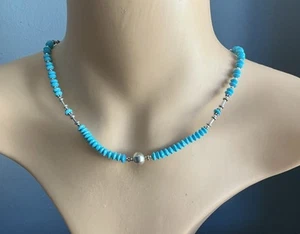 925 Silver Turquoise & Silver Gemstone Necklace/ 43cm Long - Picture 1 of 5