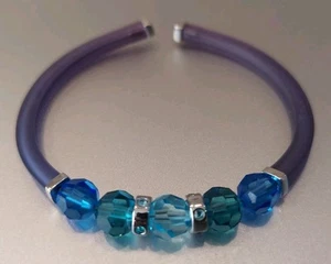 Swarovski Swan Brand Blue Facetted Crystal Flexible Rubber Cuff Bracelet Retired - Picture 1 of 7