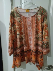 Ruby Rd. Woman Tunic Top Womens Size 2X 3/4 Sleeves Rhinestones At Neck BOHO - Picture 1 of 7