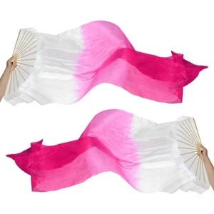 1 Pair 16 Fan Folding Belly Dance Silk Fan Veil 59", White Pink Rose - Picture 1 of 6