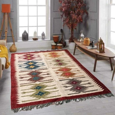 Wool Jute Reversible Rug Handwoven Kilim Area Floor Carpets 3x5 ft Kicthen Runne - Image 1 of 4