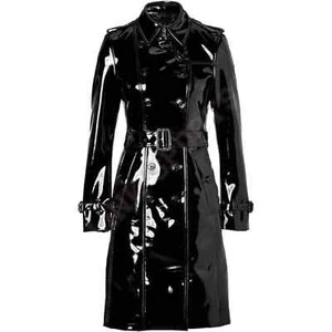 Women Trench Vinyl Shiny Gothic Coat PVC Emo Top quality Black Faux Leather Coat - Picture 1 of 7