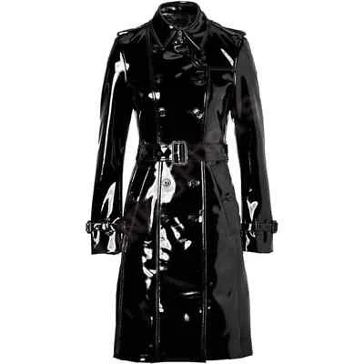 Women Trench Vinyl Shiny Gothic Coat PVC Emo Top quality Black Faux Leather Coat - Image 1 of 4