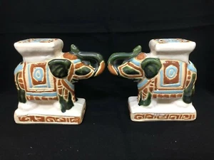 Pair Vietnam Ceramic Elephant Stand Pedestal Green & White Glaze - Picture 1 of 12