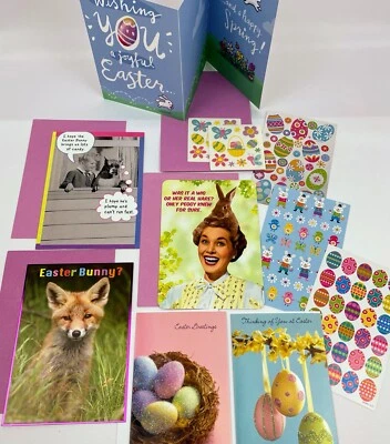 6 NEW RECYCLED PAPER GREETINGS FUNNY LOT EASTER CARDS BY PAPYRUS,AG & STICKERS - Image 1 of 4