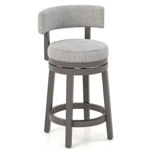 Upholstered Swivel Bar Stool Wooden Counter Height Kitchen Chair w/ Back Grey - Picture 1 of 8