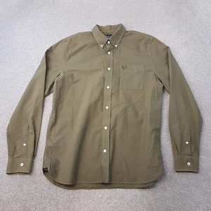 Fred Perry Mens Shirt Large Green Khaki Solid Casuals Mod Terrace Liam Oxford - Picture 1 of 10
