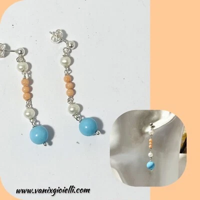 orecchini argento 925 Pendenti Da Donna Con Pietre Turchese Corallo Rosa Perle - Immagine 1 di 4