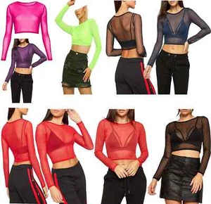 Ladies Long Sleeve Round Neck Mesh See Through Crop Top New UK - Picture 1 of 15