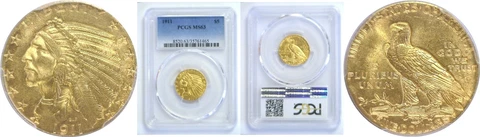 1911 $5 Gold Coin PCGS MS-63 Cover