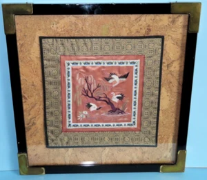 Vintage Asian Framed Embroidery on Silk Storks Birds Trees Blossoms 16.25" - Picture 1 of 16