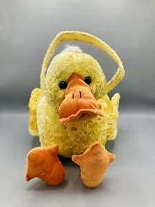 Plush Yellow Duck Easter Basket - orange hanging feet, floral fabric lining - Picture 1 of 8