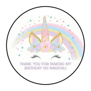 30 1.5" PEGATINAS REDONDAS CUMPLEAÑOS UNICORNIO SOBRE SELLOS ETIQUETAS DE FAVOR - Imagen 1 de 1