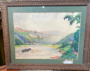 AQUARELL SIGN.W. SCHINKE RHEINLANDSCHAFT MIT BURG AUF BERG UND STADT IM TAL - Photo 1/8