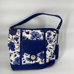Isaac Mizrahi Floral Hobo Bag Schultertasche Blau Weiß Canvas und Leder Quaste - Bild 1 von 9