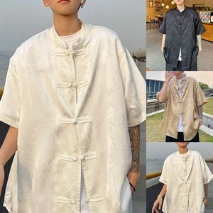 Stylish Summer Short Sleeve Shirt for Men Chinese Traditional Casual Top - Picture 1 of 57