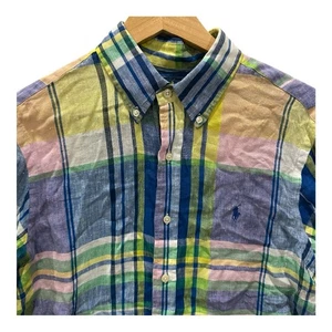 Polo Ralph Lauren Shirt Men's Medium 100% Linen Rustic Colorful Plaid Preppy - Picture 1 of 8