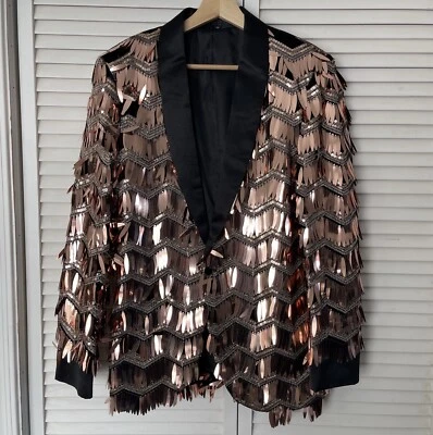 Blazer Retro Años 70 Metálico Borla Lentejuelas Disco Esmoquin Fiesta Oro Rosa Para Hombres XS 36R Foto 1 de 4