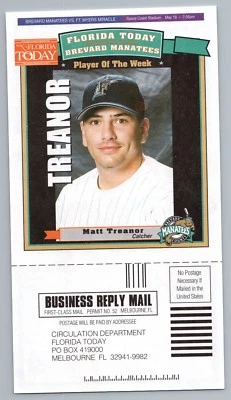 Matt Treanor 2000 Brevard Manatees County Florida Today Reply Card  - Image 1 of 2
