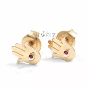 Ruby 14K Gold Hamsa Hand Stud Earrings Earrings- The Jewelz - Picture 1 of 1