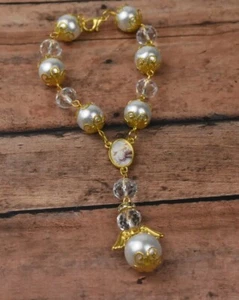 12 X ROSARIES BAPTISM FAVORS RECUERDOS BAUTIZO PARTY WHITE CLEAR GOLD BEADS - Picture 1 of 11