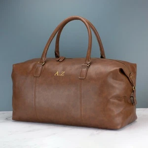 Personalised Mens Leather Holdall Bag Black or Brown - 30L Weekend Travel Bag - Picture 1 of 30