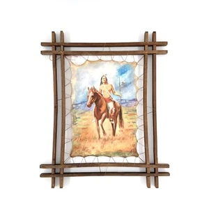 Retrato nativo americano enmarcado superficie de cuero bellas artes pintura al óleo decoración de pared - Imagen 1 de 3