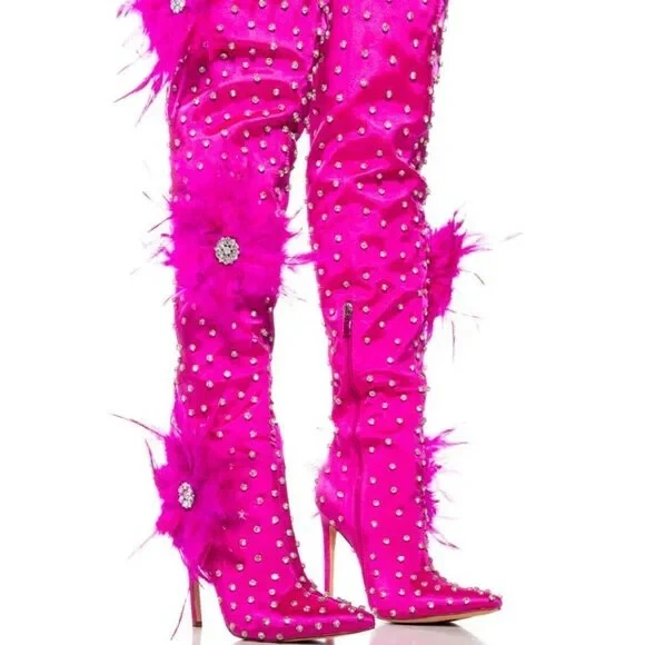 AZALEA WANG " TOP TIER " Size: 11 in FUCHSIA or BLACK SATIN FEATHER FLOWER BOOTS - Image 1 of 4