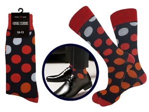 ONE PAIR DRESS SOCKS POLKA DOT RED ORANGE BLACK COTTON SOCKS TRUE TO SIZE - Picture 1 of 4